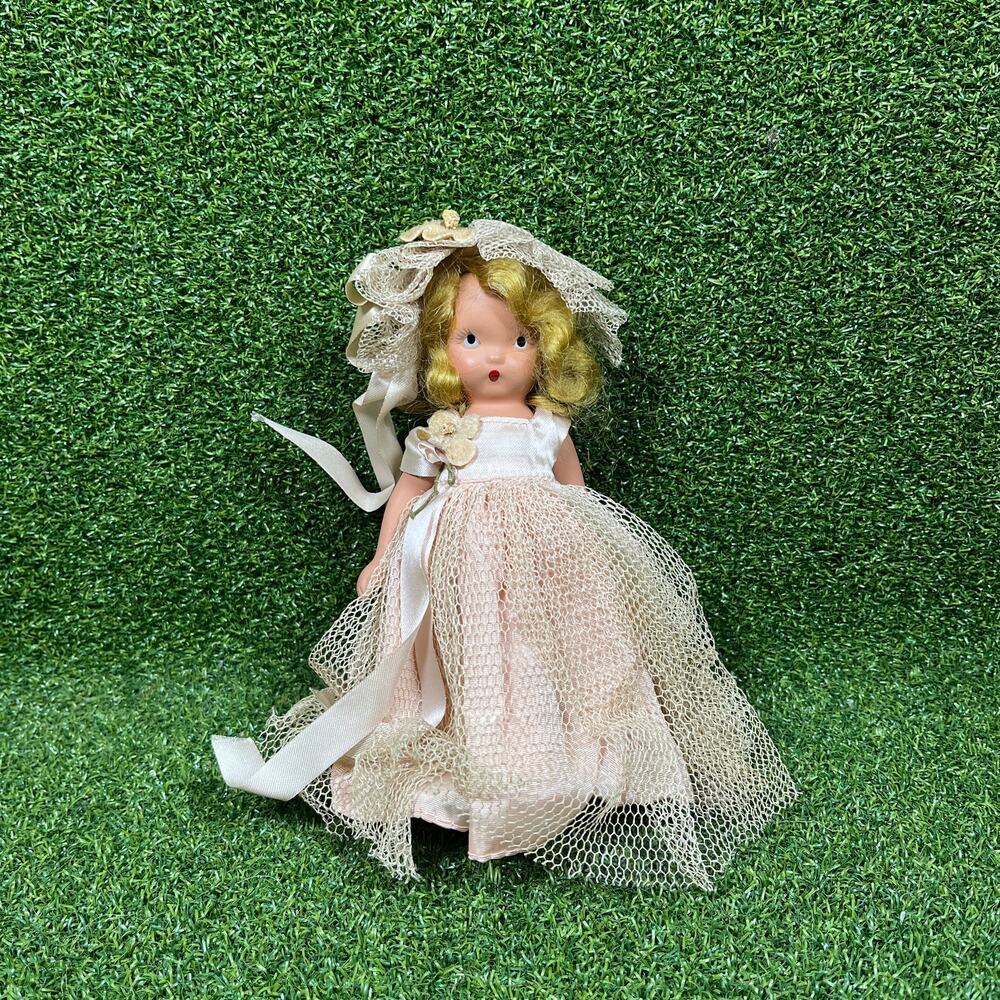 Vintage 1950s Nancy Ann Storybook Doll Blonde Pink Gown Lace Bonnet 6"